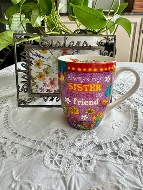 Colorful 'Always My Sister' Floral Ceramic Mug and Pewter Sister Frame